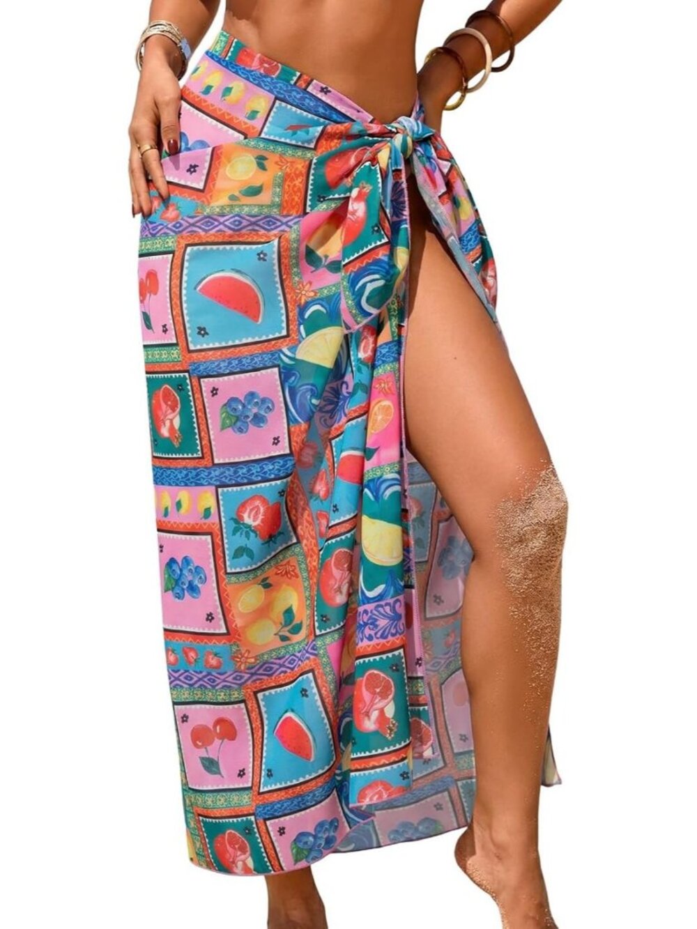 Women's Fruit Geometric Pattern Printed Chiffon High Slit Beach Coverup Sarong